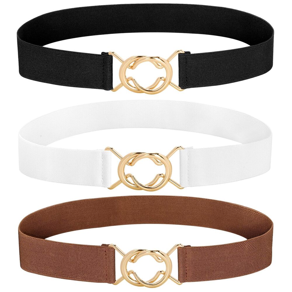 7675 Womens Stretch Elastic Belt- Gold Buckle Adjustable Waist Belt